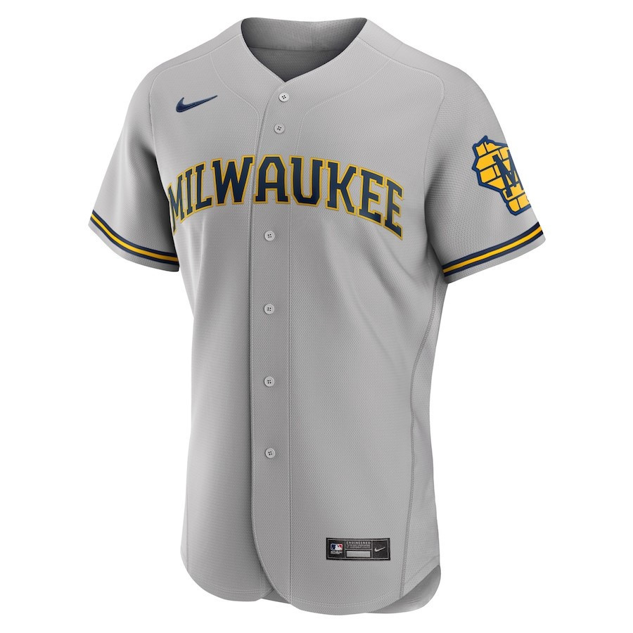 Alternative view of Milwaukee Brewers Road Team Logo Elite Jersey - Gray 