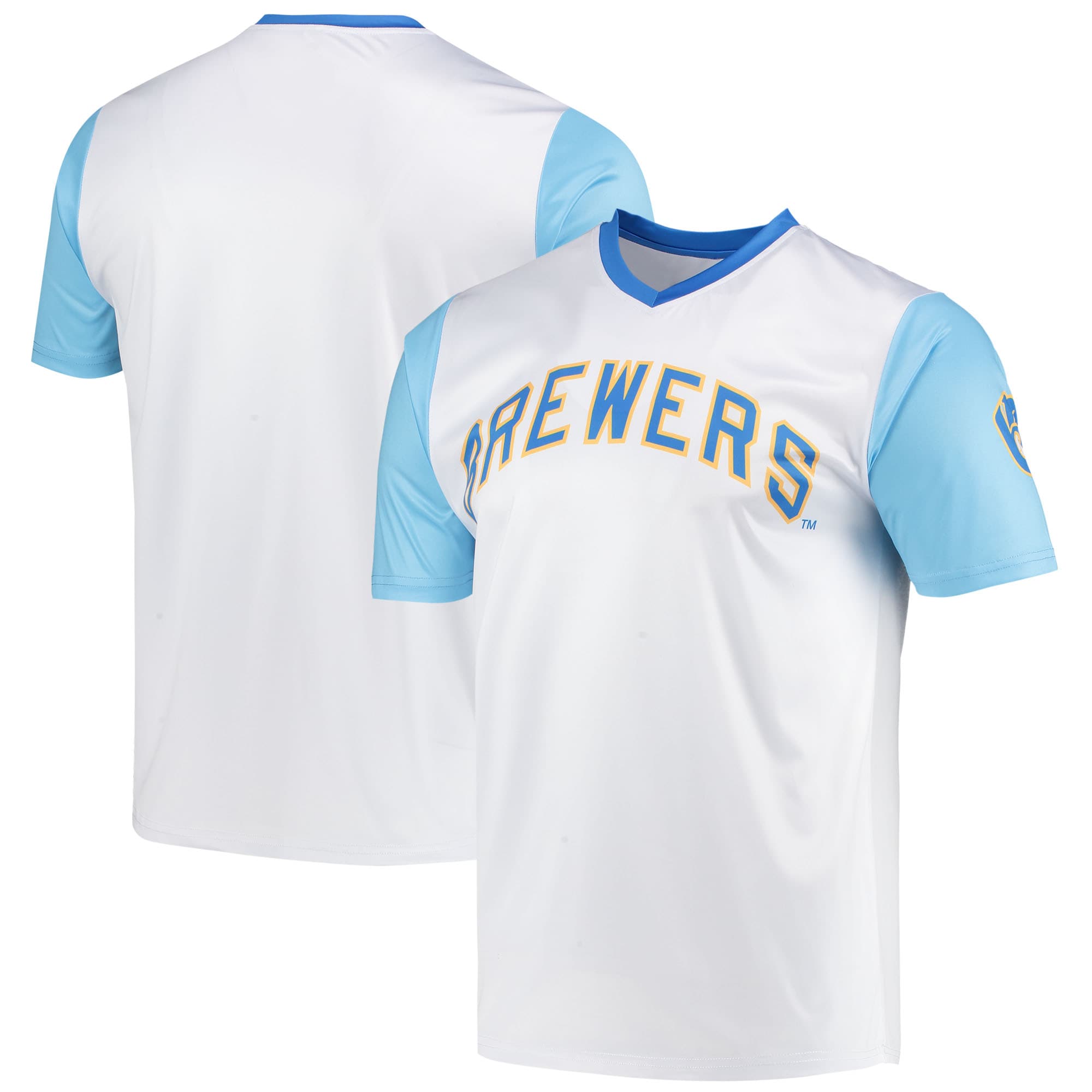 Milwaukee Brewers Stitches Cooperstown Collection Wordmark V-neck Jersey - White
