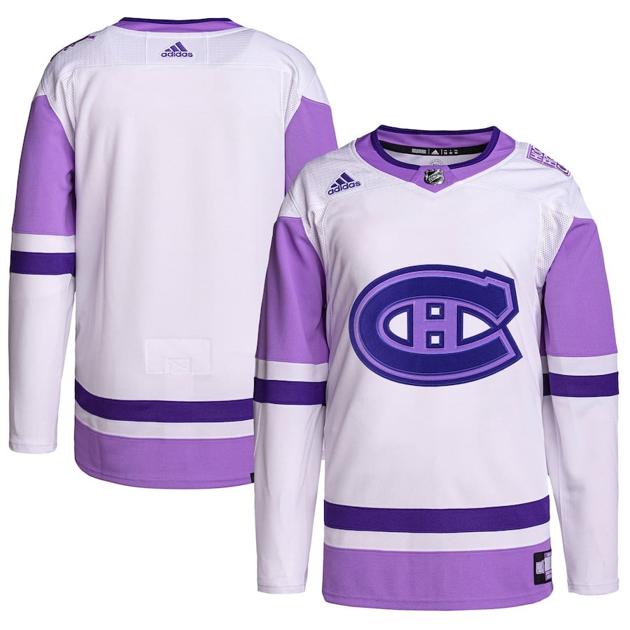 Montreal Canadiens Hockey Fights Cancer Primegreen Men Jersey - White/Purple - JS338 