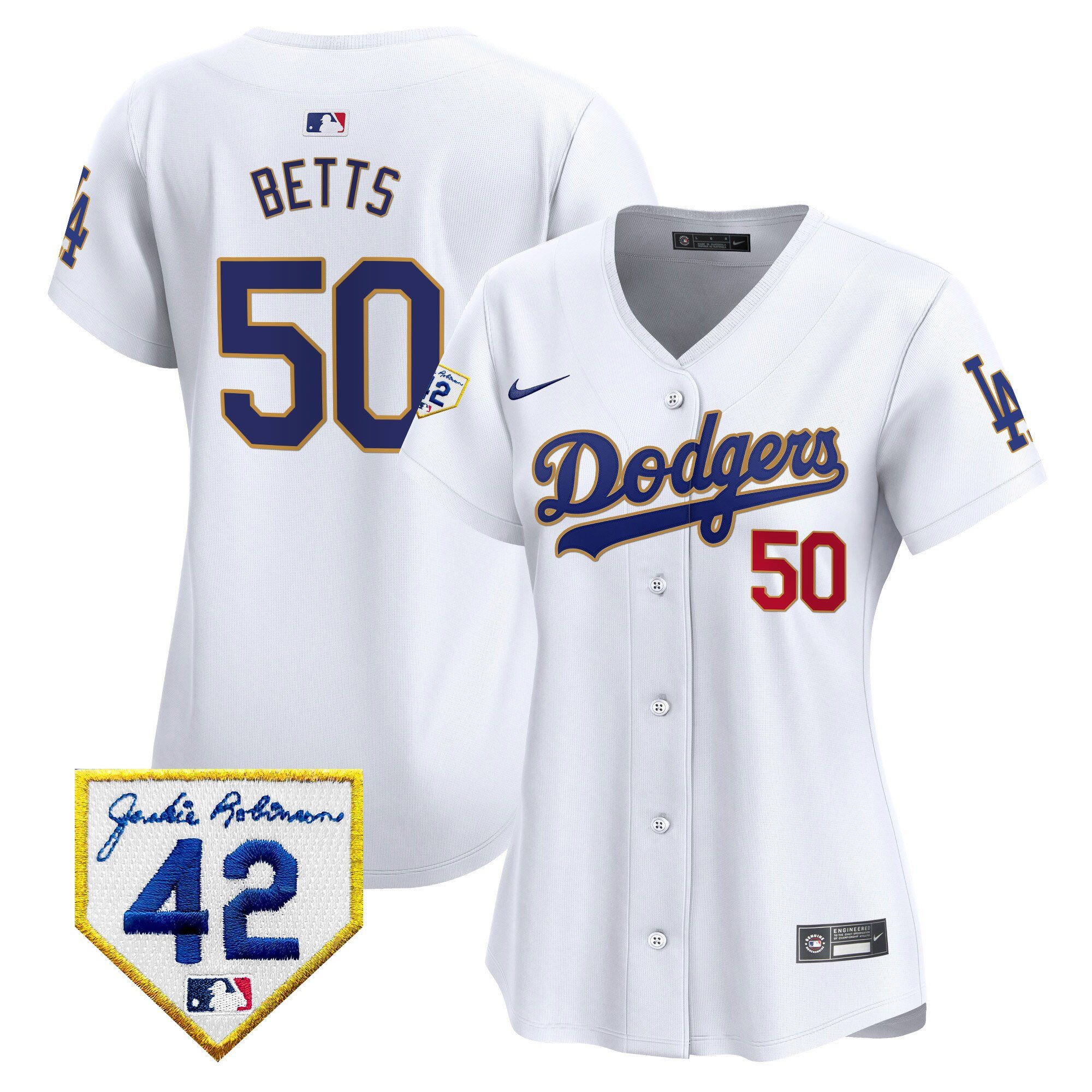 Mookie Betts 50 Los Angeles Dodgers 2024 Jackie Robinson Patch Women Jersey - White 