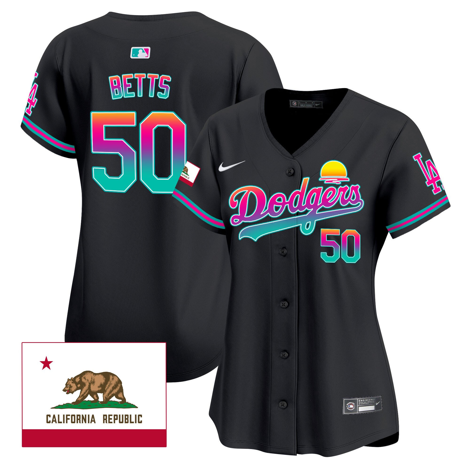 Mookie Betts 50 Los Angeles Dodgers 2024 Los Angeles City Style California Republic Patch Women Jersey - Black 