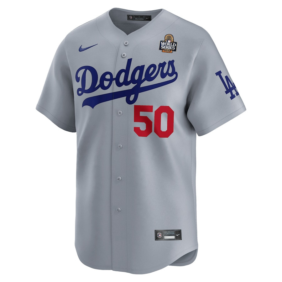 Alternative view of Mookie Betts 50 Los Angeles Dodgers 2024 World Series Alternate Limited Player Men Jersey - Gray 