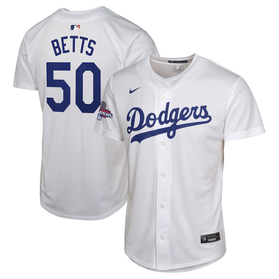 Mookie Betts 50 Los Angeles Dodgers 2024 World Series Champions Home Game Player YOUTH Jersey - White 
