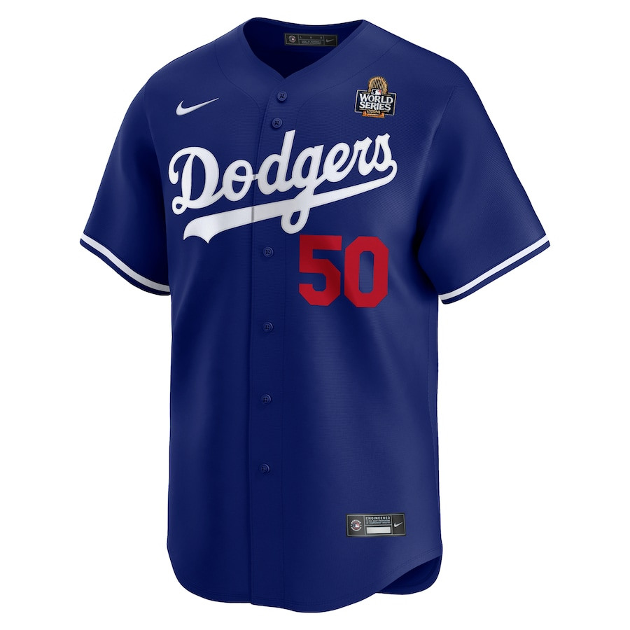 Alternative view of Mookie Betts 50 Los Angeles Dodgers 2024 World Series Home Limited Player Men Jersey - Royal 
