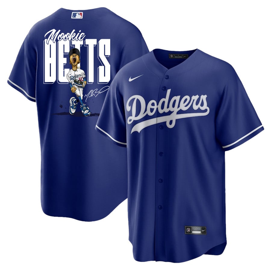 Mookie Betts 50 Los Angeles Dodgers Signed Cartoon 2023 Alternate Player Men Jersey - Royal 