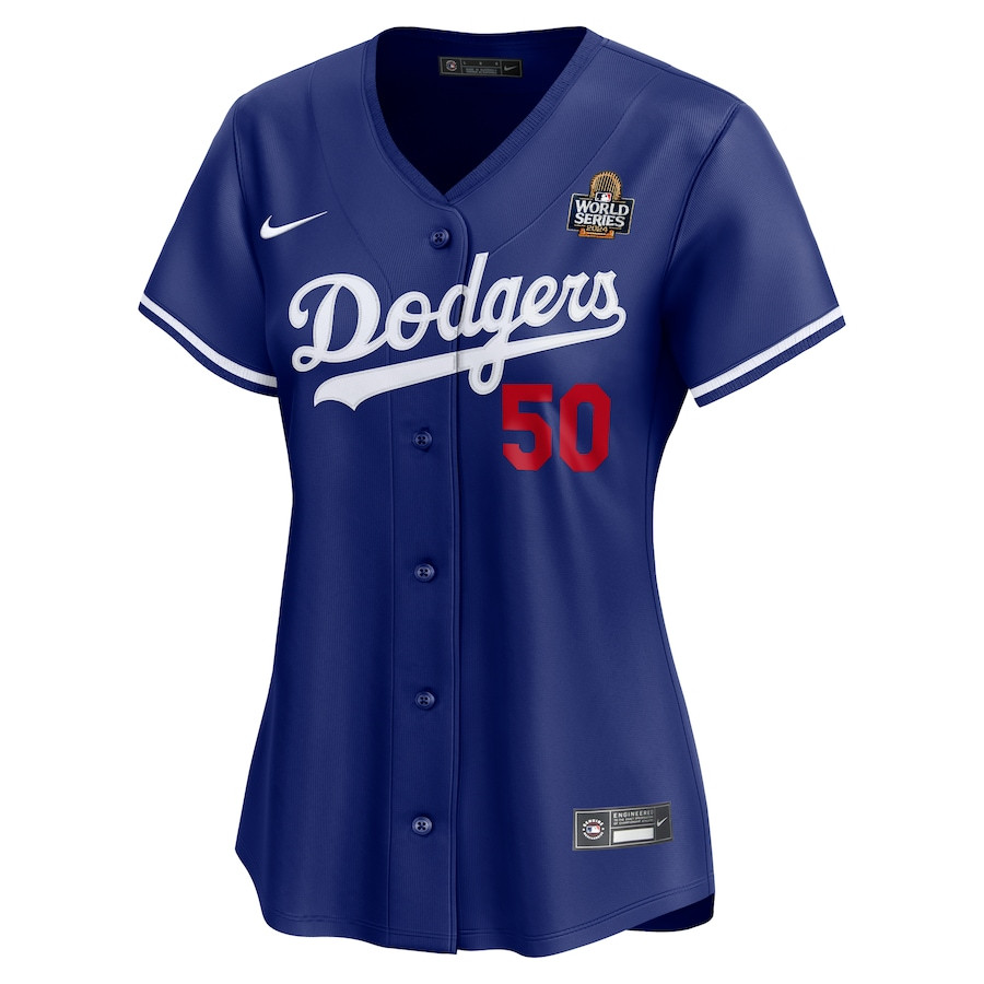 Alternative view of Mookie Betts 50 Los Angeles Dodgers Women's 2024 World Series Alternate Limited Jersey - Royal 