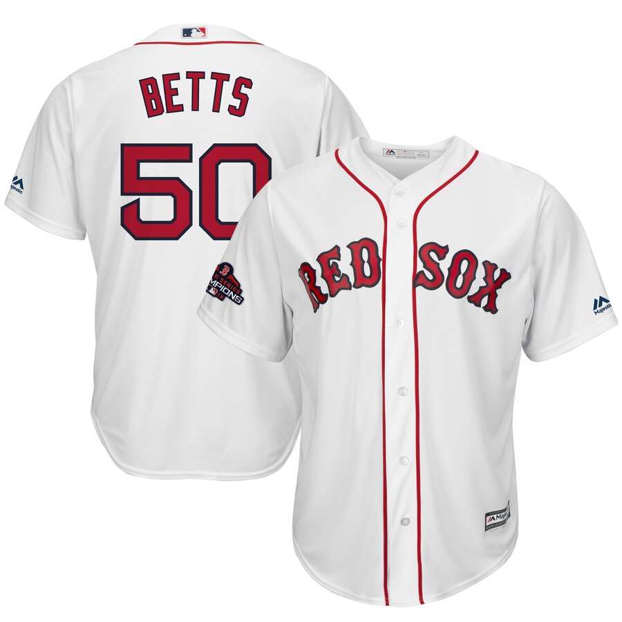 Mookie Betts Boston Red Sox Majestic 2018 World Series Champions Team Logo Player Jersey – White