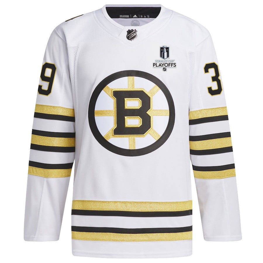 Alternative view of Morgan Geekie 39 Boston Bruins 2024 NHL Playoffs Patch Away Jersey - Men, White - JS694 