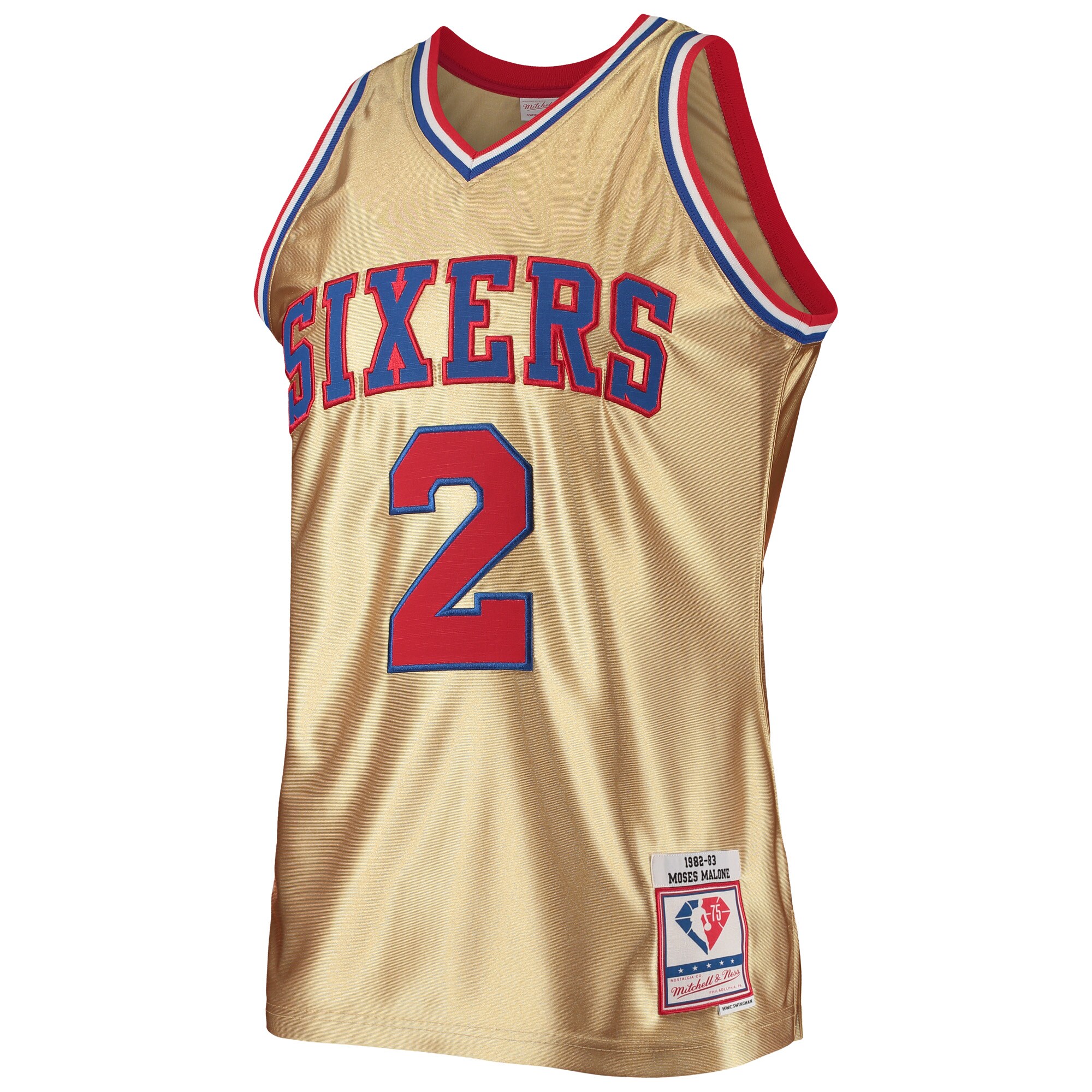 Alternative view of Moses Malone Philadelphia 76ers Mitchell & Ness 75th Anniversary 1982/83 Hardwood Classics Swingman Jersey - Gold