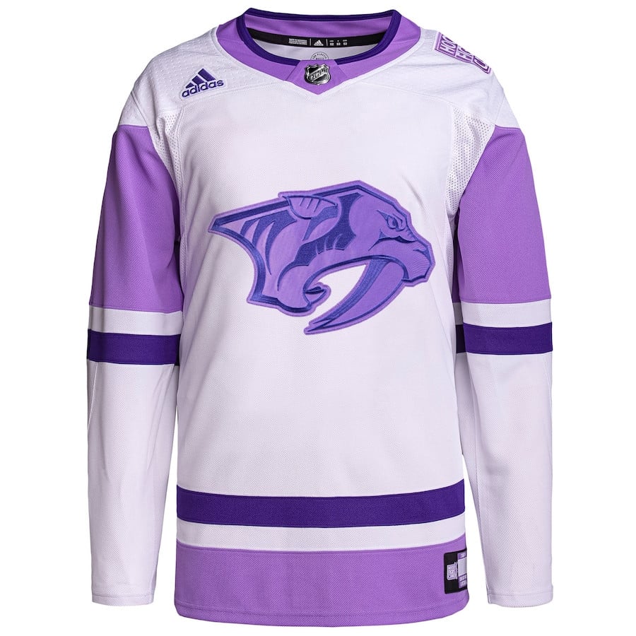 Alternative view of Nashville Predators Hockey Fights Cancer Primegreen Custom Men Jersey - White/Purple - JS428 