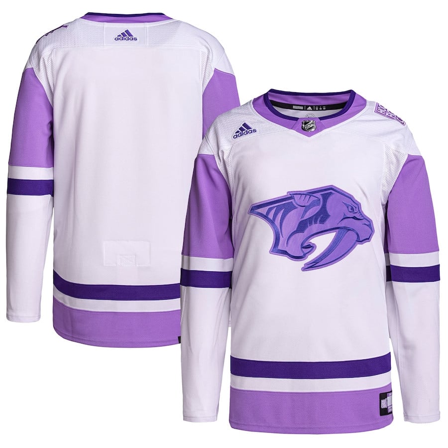 Nashville Predators Hockey Fights Cancer Primegreen Men Jersey - White/Purple - JS674 