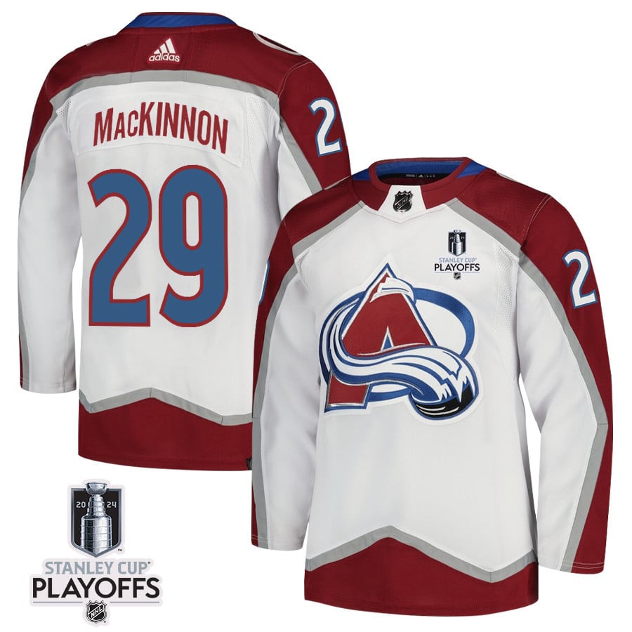 Nathan MacKinnon 29 Colorado Avalanche 2024 NHL Playoffs Patch Away Jersey - Men, White - JS824 