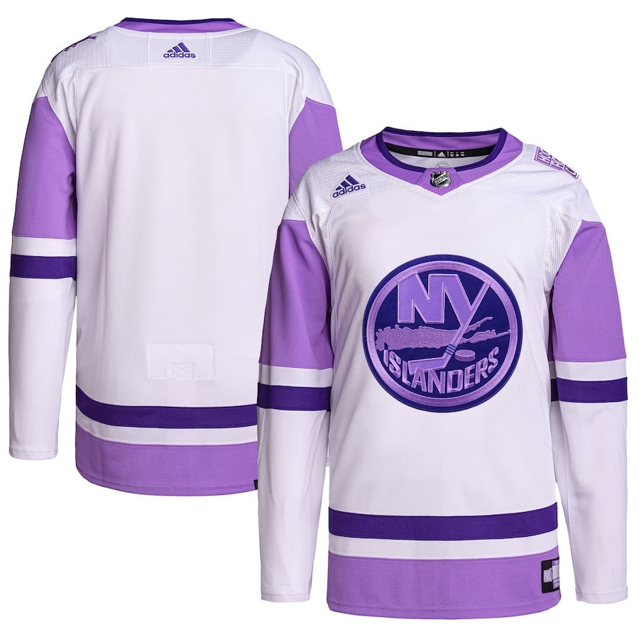 New York Islanders Hockey Fights Cancer Primegreen Men Jersey - White/Purple - JS626 