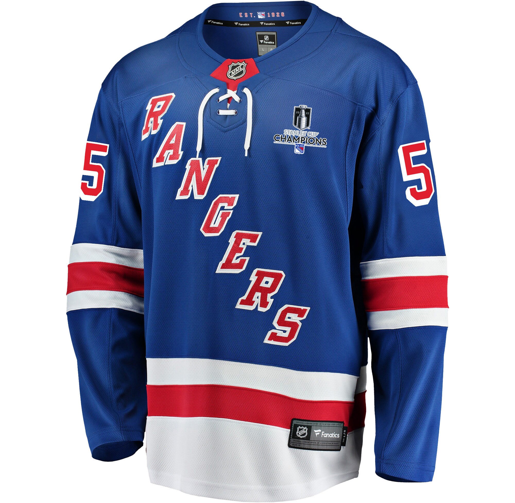 Alternative view of New York Rangers Ryan Lindgren 55 Home 2022 Stanley Cup Champions Breakaway Men Jersey - Blue - JS171 
