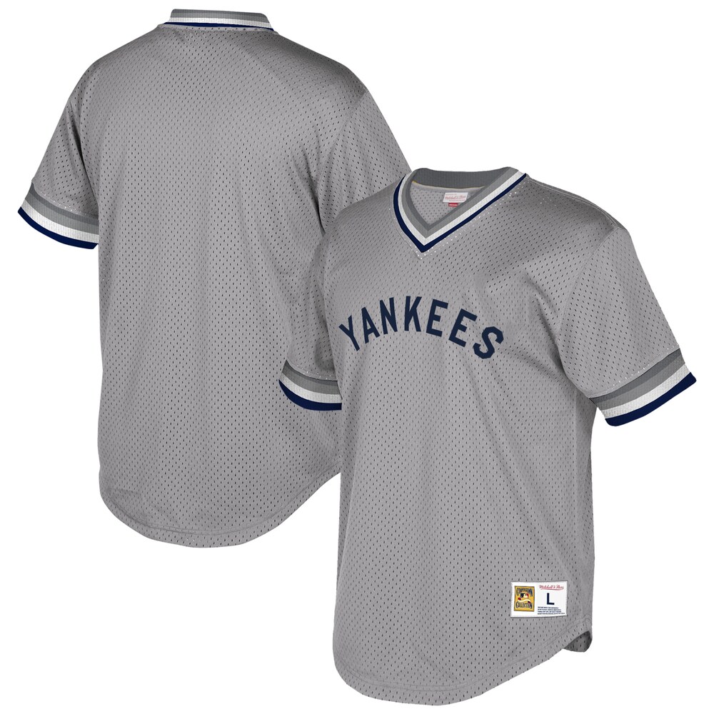 New York Yankees Mitchell & Ness Cooperstown Collection Mesh Wordmark V-neck Jersey - Gray