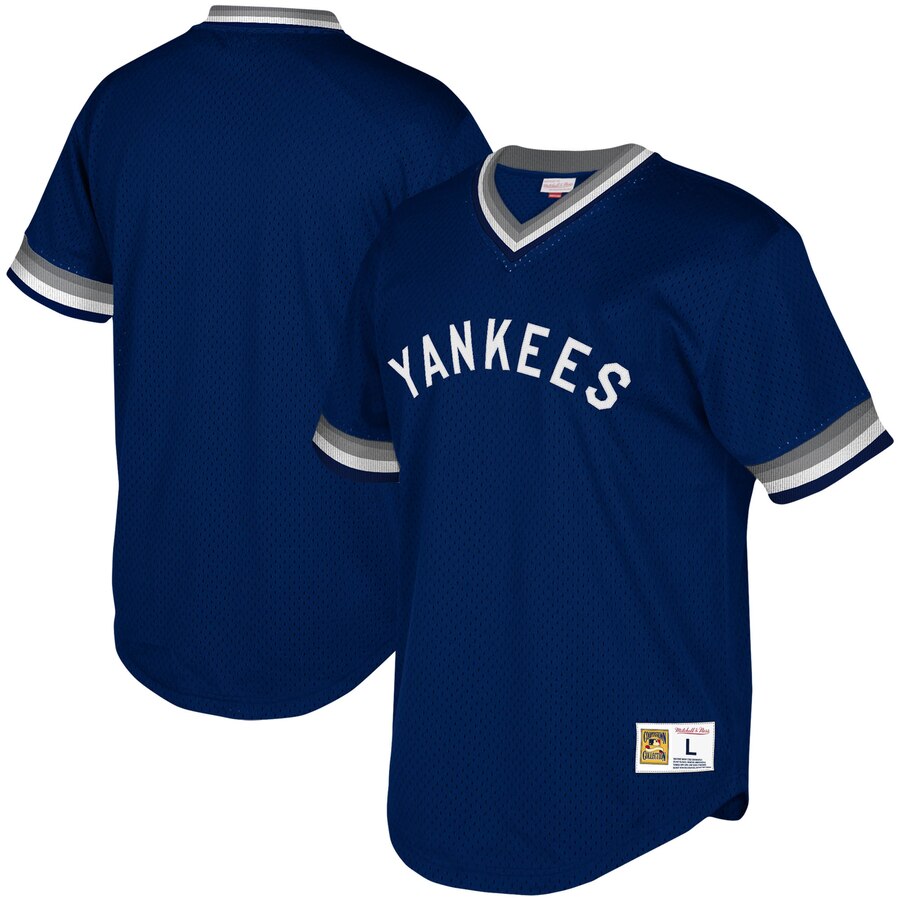 New York Yankees Mitchell & Ness Youth Cooperstown Collection Mesh Wordmark V-neck Jersey - Navy