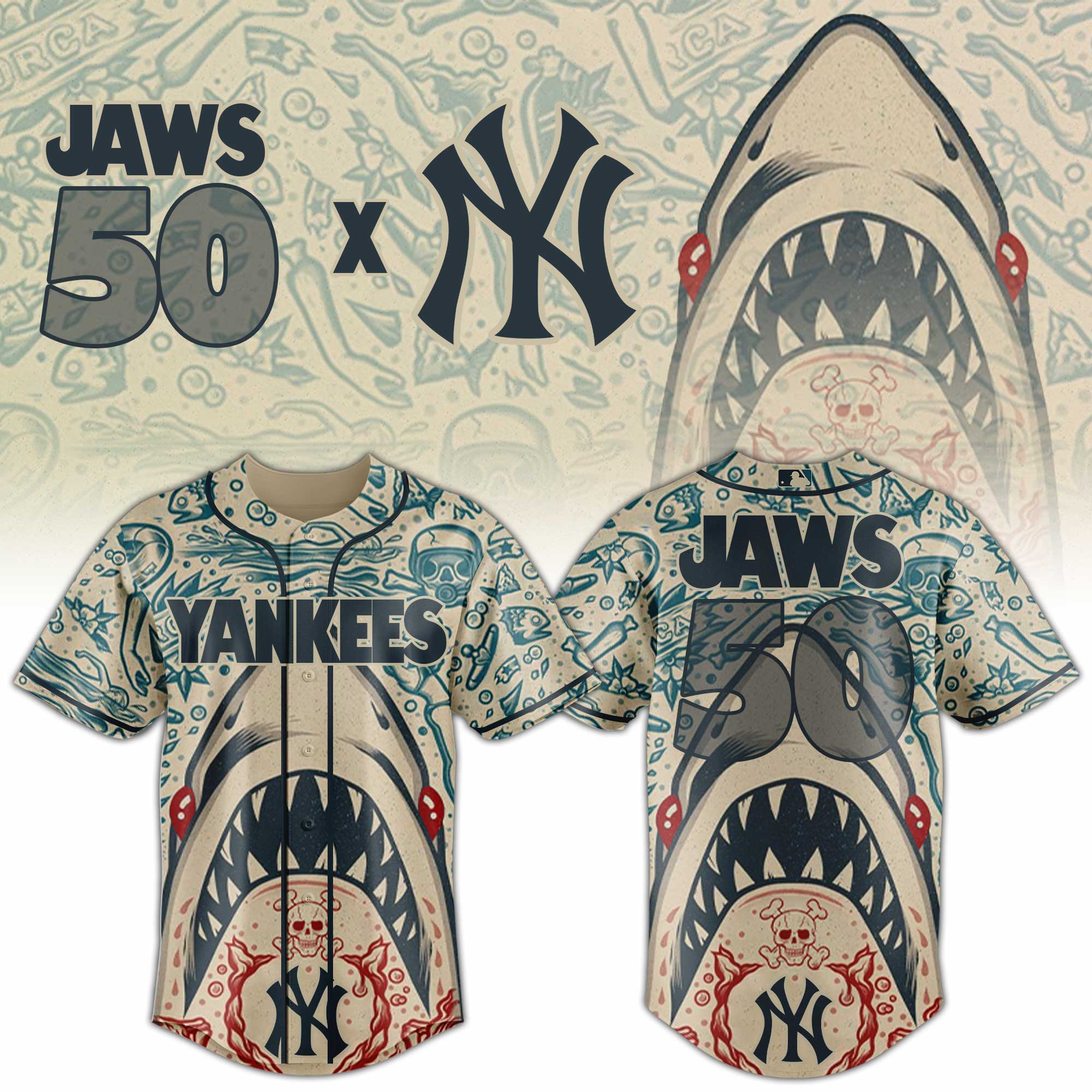New York Yankees Mlb X Jaws 50th Anniversary Custom Baseball Jersey