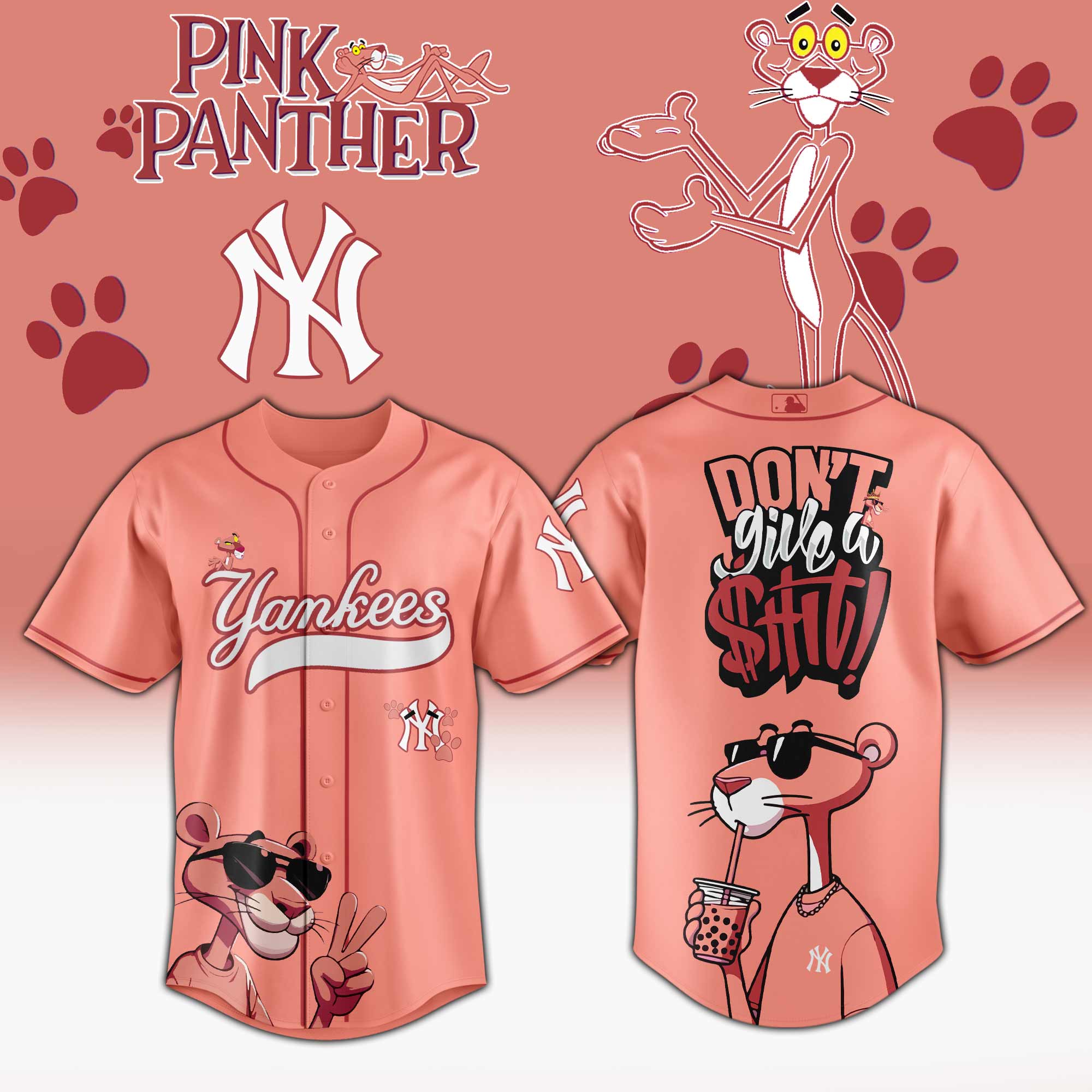 New York Yankees Mlb X Pink Panther Cool Panther Custom Baseball Jersey