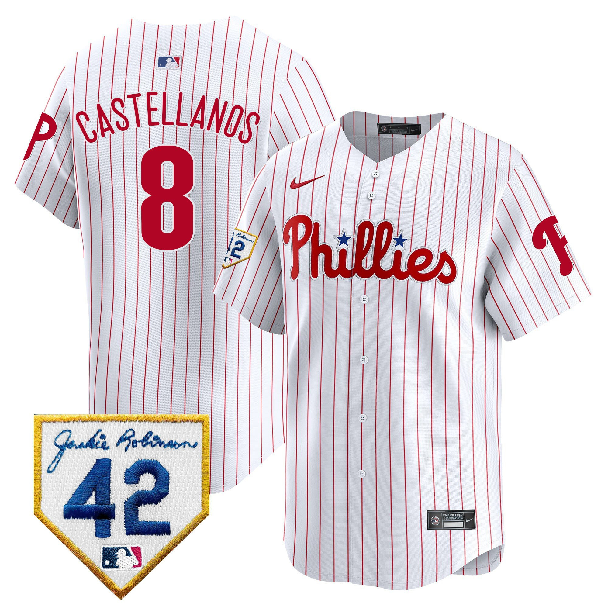 Nick Castellanos 8 Philadelphia Phillies 2024 Jackie Robinson Patch Men Jersey - White 