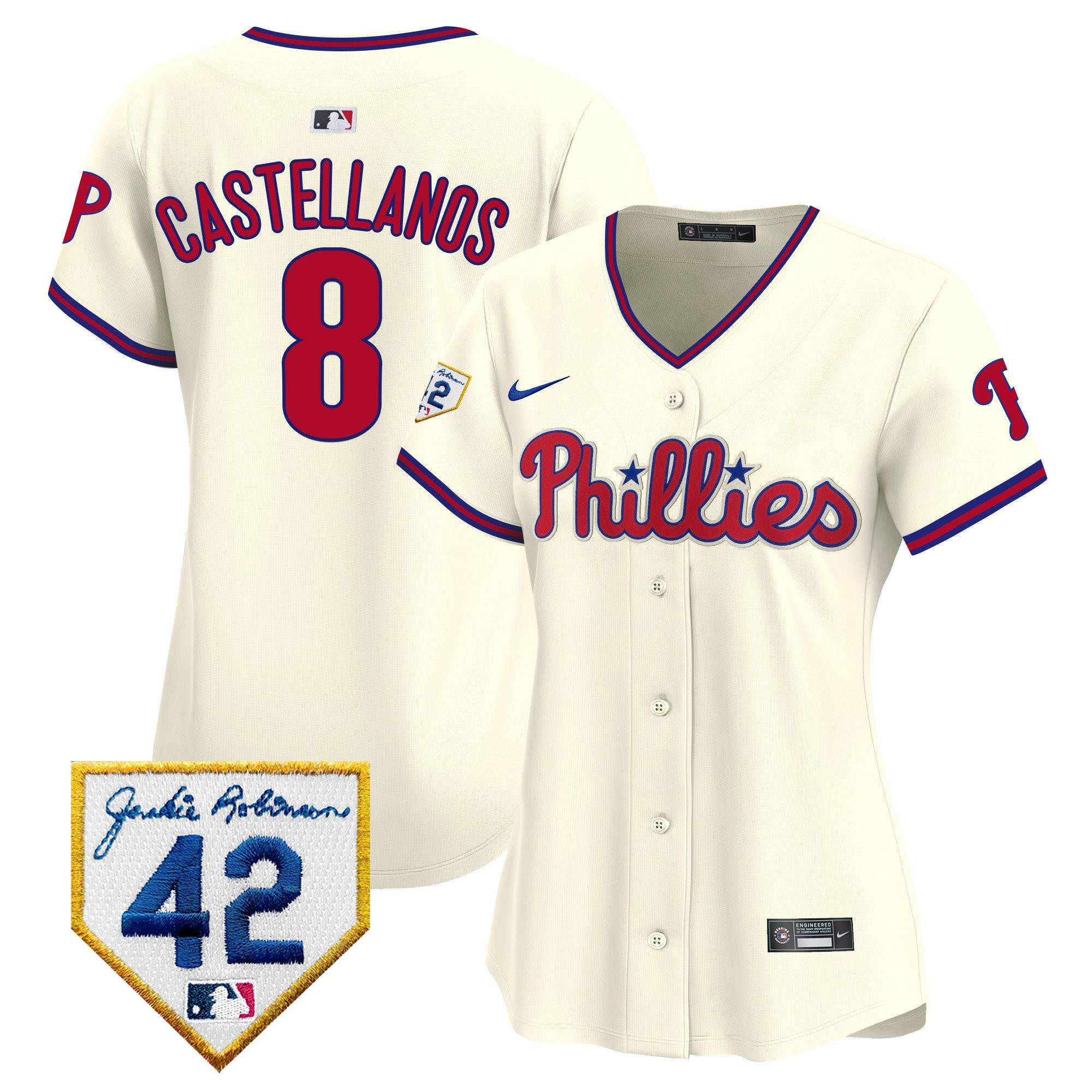 Nick Castellanos 8 Philadelphia Phillies 2024 Jackie Robinson Patch Women Jersey - Cream 