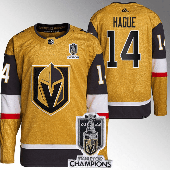 Nicolas Hague 14 Vegas Golden Knights 2023 Stanley Cup Champions Patch Breakaway Home Jersey - Gold - JS718 