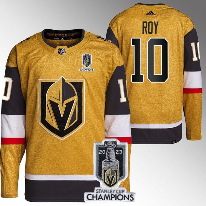 Nicolas Roy 10 Vegas Golden Knights 2023 Stanley Cup Champions Patch Breakaway Home Jersey - Gold - JS957 