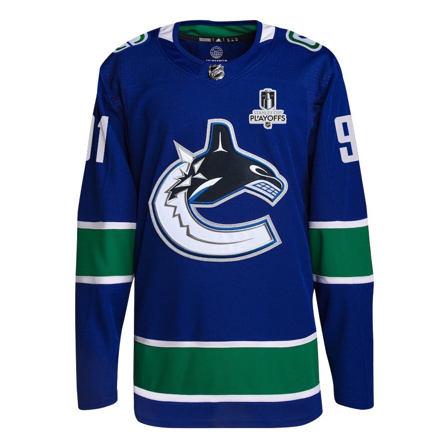 Alternative view of Nikita Zadorov 91 Vancouver Canucks 2024 NHL Playoffs Patch Home Jersey - Men, Blue - JS602 