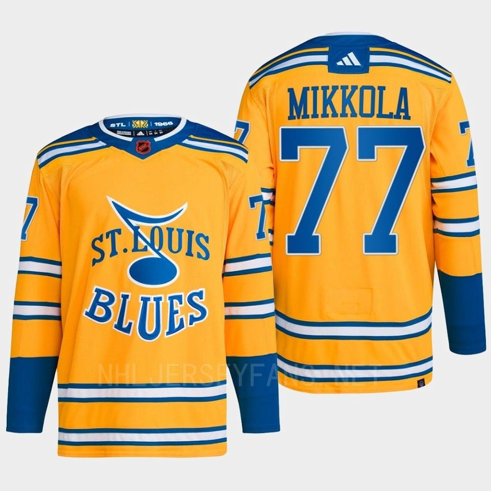 Niko Mikkola 77 Reverse Retro 2.0 2022 St. Louis Blues Yellow Jersey Primegreen - JS763 