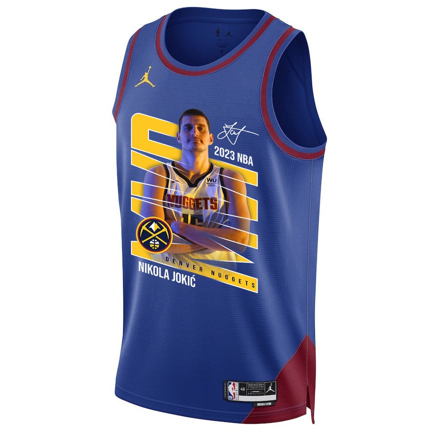 Alternative view of Nikola Jokic 15 Denver Nuggets Clown Prince 2023 NBA Champions Swingman Jersey - Blue - JS248 