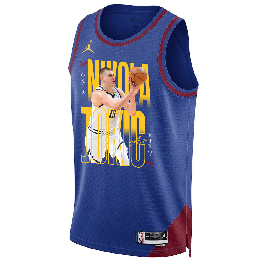 Alternative view of Nikola Jokic 15 Denver Nuggets Joker's Gold 2023 NBA Champions Swingman Jersey - Blue - JS719 