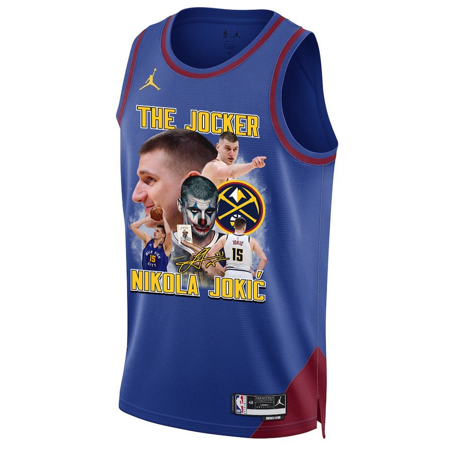 Alternative view of Nikola Jokic 15 Denver Nuggets Joker's Magic 2023 NBA Champions Swingman Jersey - Blue - JS821 