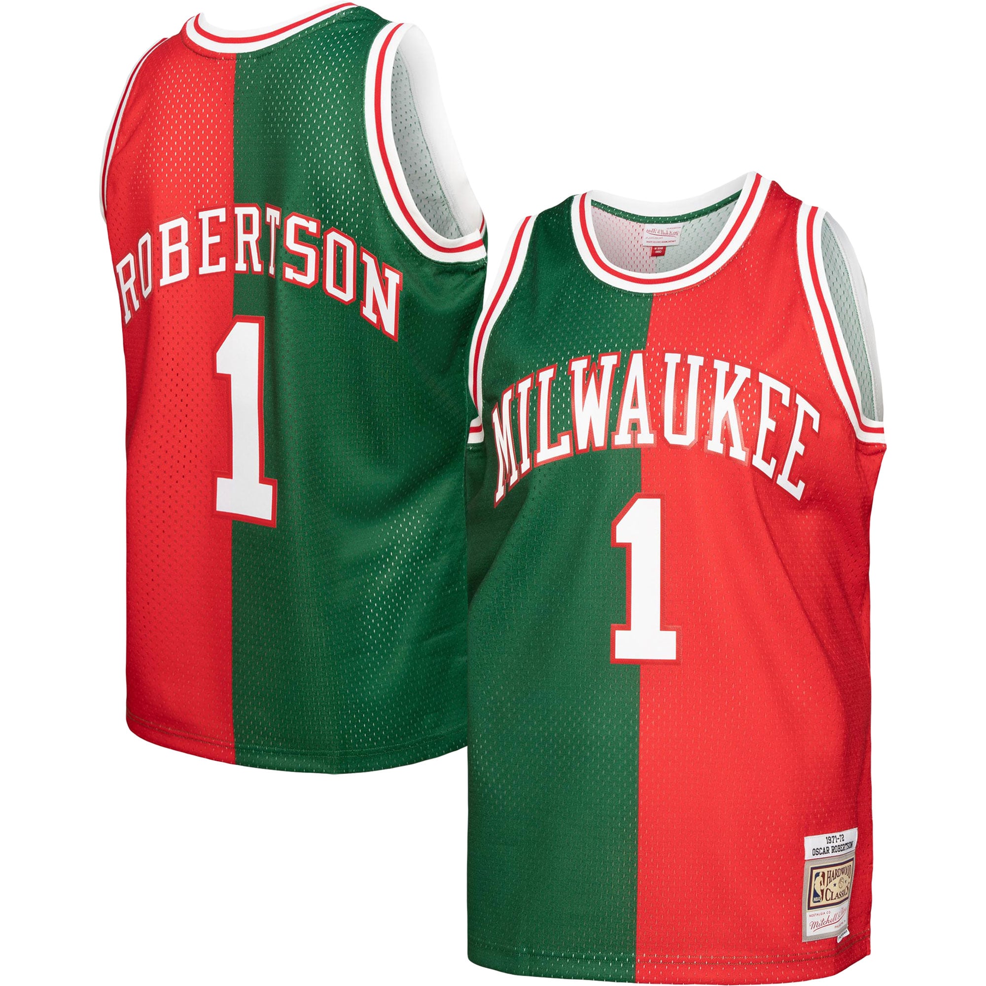 Oscar Robertson Milwaukee Bucks Mitchell & Ness Hardwood Classics 1971/72 Split Swingman Jersey - Green/red