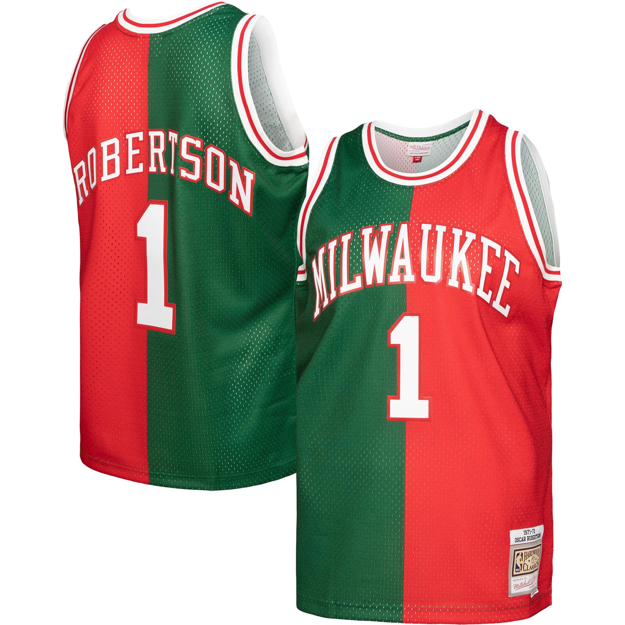 Alternative view of Oscar Robertson Milwaukee Bucks Mitchell & Ness Hardwood Classics 1971/72 Split Swingman Jersey - Green/red