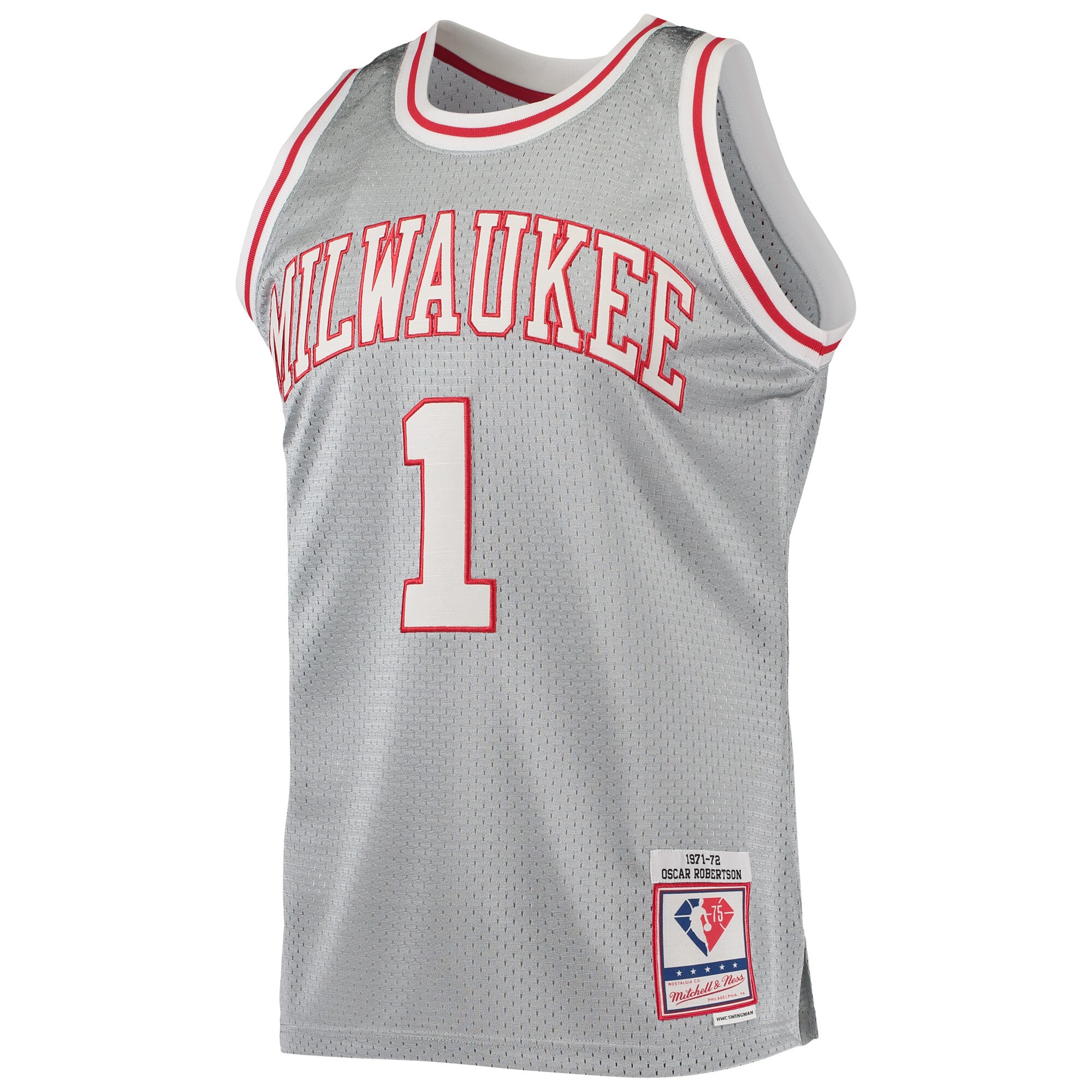 Alternative view of Oscar Robertson Milwaukee Bucks Mitchell & Ness 75th Anniversary 1971/72 Hardwood Classics Swingman Jersey - Silver
