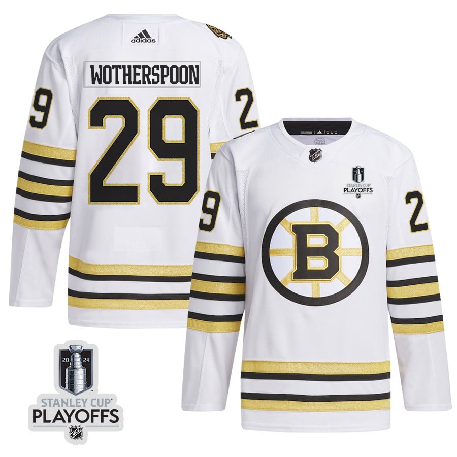 Parker Wotherspoon 29 Boston Bruins 2024 NHL Playoffs Patch Away Jersey - Men, White - JS241 