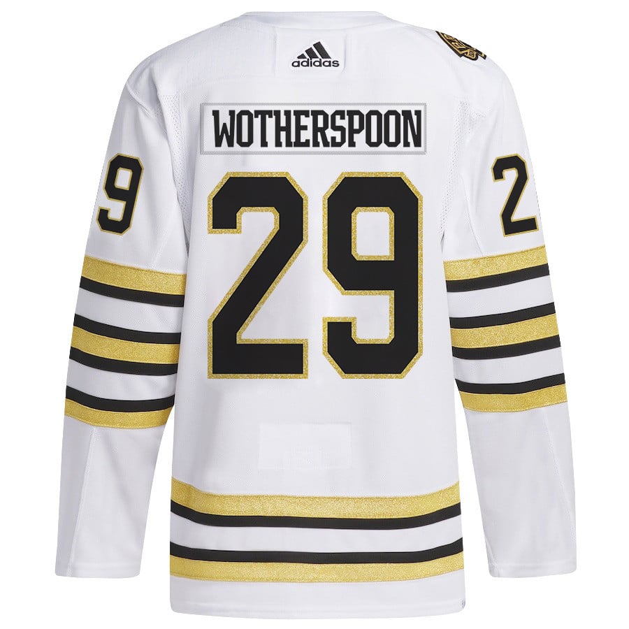 Alternative view of Parker Wotherspoon 29 Boston Bruins 2024 NHL Playoffs Patch Away Jersey - Men, White - JS241 