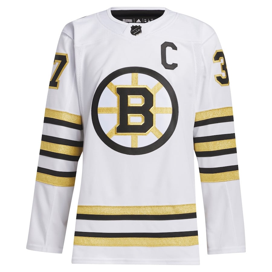 Alternative view of Patrice Bergeron 37 Boston Bruins 100th Anniversary Primegreen Away Men Jersey - White - JS303 