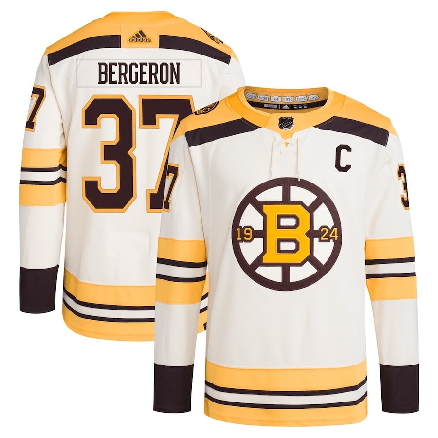 Patrice Bergeron 37 Boston Bruins 100th Anniversary Primegreen Third Men Jersey - Cream - JS307 