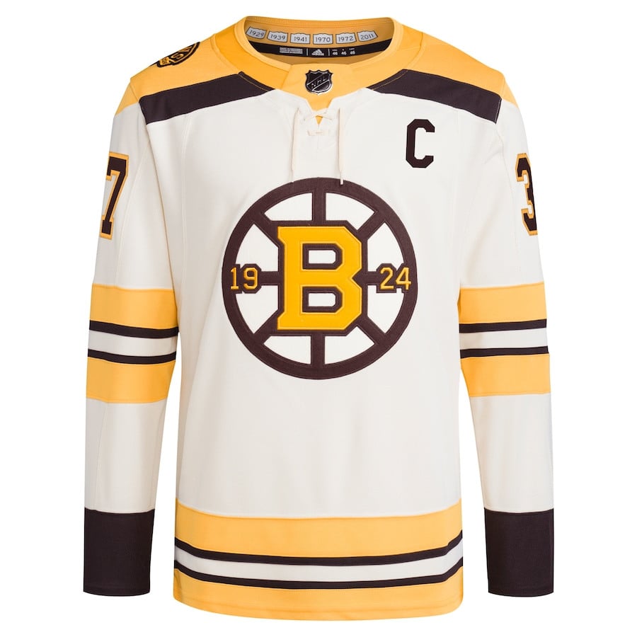 Alternative view of Patrice Bergeron 37 Boston Bruins 100th Anniversary Primegreen Third Men Jersey - Cream - JS307 