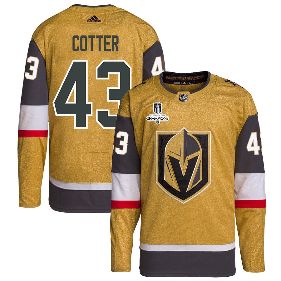 Paul Cotter 43 Vegas Golden Knights Stanley Cup 2023 Champions Patch Home Breakaway Men Jersey - Gold - JS962 