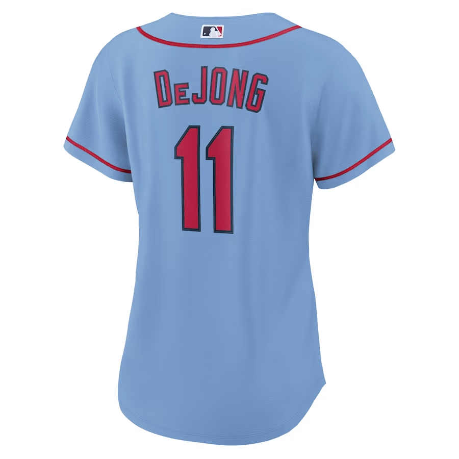 Alternative view of Paul DeJong 11 St. Louis Cardinals Women Alternate Jersey - Light Blue 
