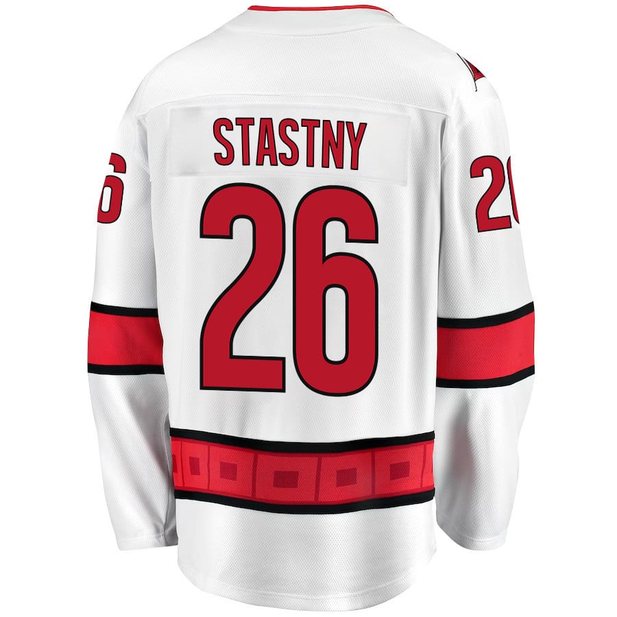 Alternative view of Paul Stastny 26 Carolina Hurricanes Stanley Cup 2023 Playoffs Patch Away Breakaway Men Jersey - White - JS844 
