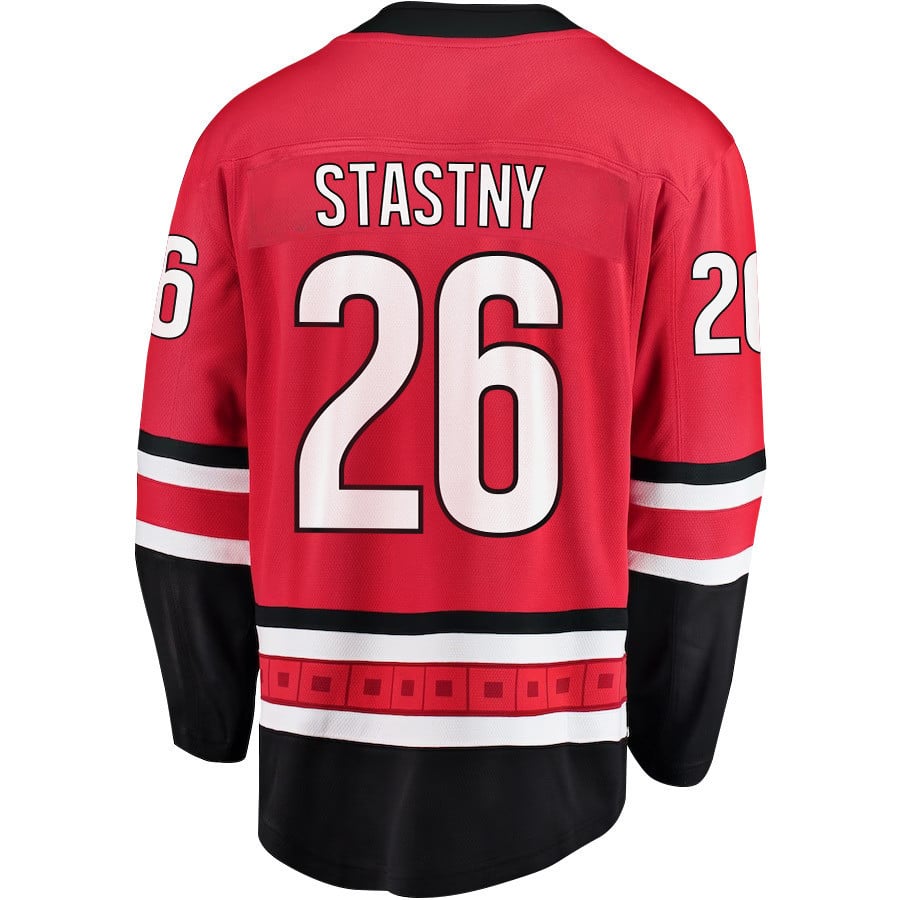 Alternative view of Paul Stastny 26 Carolina Hurricanes Stanley Cup 2023 Playoffs Patch Home Breakaway Men Jersey - Red - JS285 