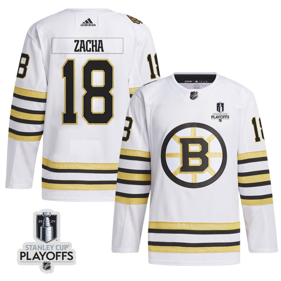 Pavel Zacha 18 Boston Bruins 2024 NHL Playoffs Patch Away Jersey - Men, White - JS834 
