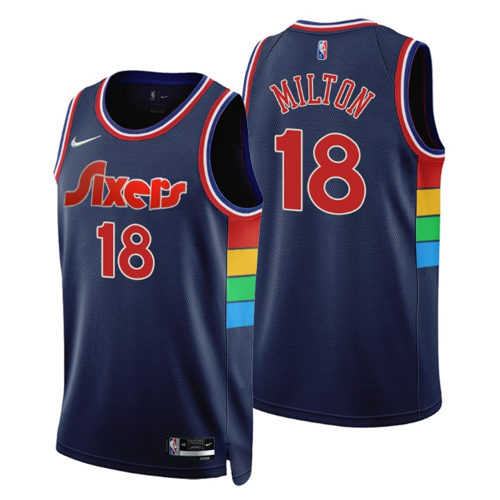 Philadelphia 76ers Shake Milton #18 75th Anniversary Diamond Navy Swingman Jersey Icon