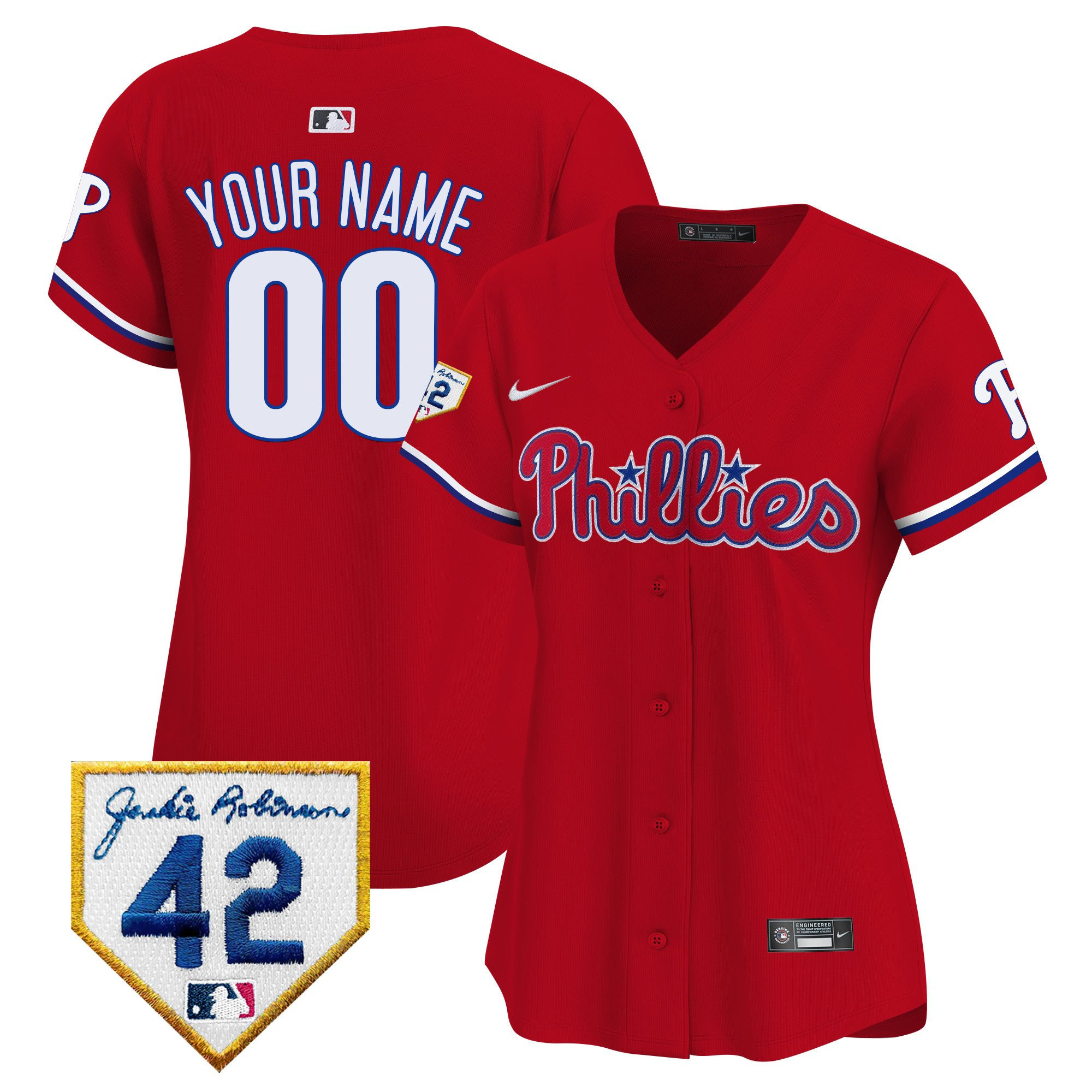 Philadelphia Phillies 2024 Jackie Robinson Patch Custom Women Jersey - Red 