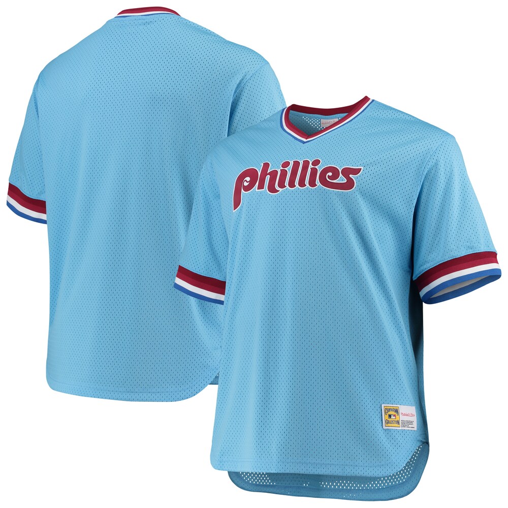 Philadelphia Phillies Mitchell & Ness Big & Tall Cooperstown Collection Mesh Wordmark V-neck Jersey - Light Blue