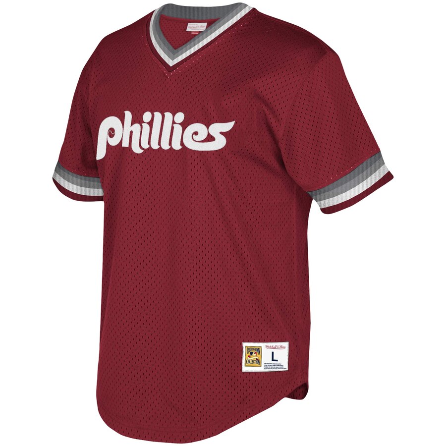 Alternative view of Philadelphia Phillies Mitchell & Ness Youth Cooperstown Collection Mesh Wordmark V-neck Jersey - Burgundy