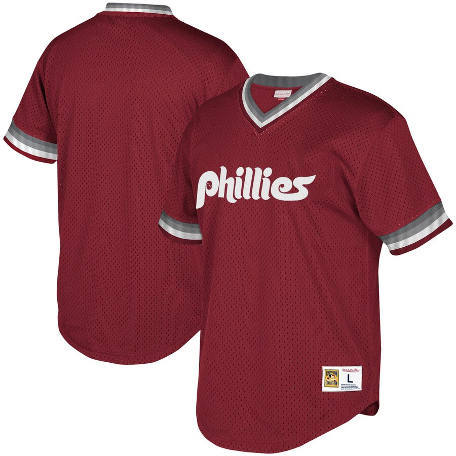 Philadelphia Phillies Mitchell & Ness Youth Cooperstown Collection Mesh Wordmark V-neck Jersey - Burgundy