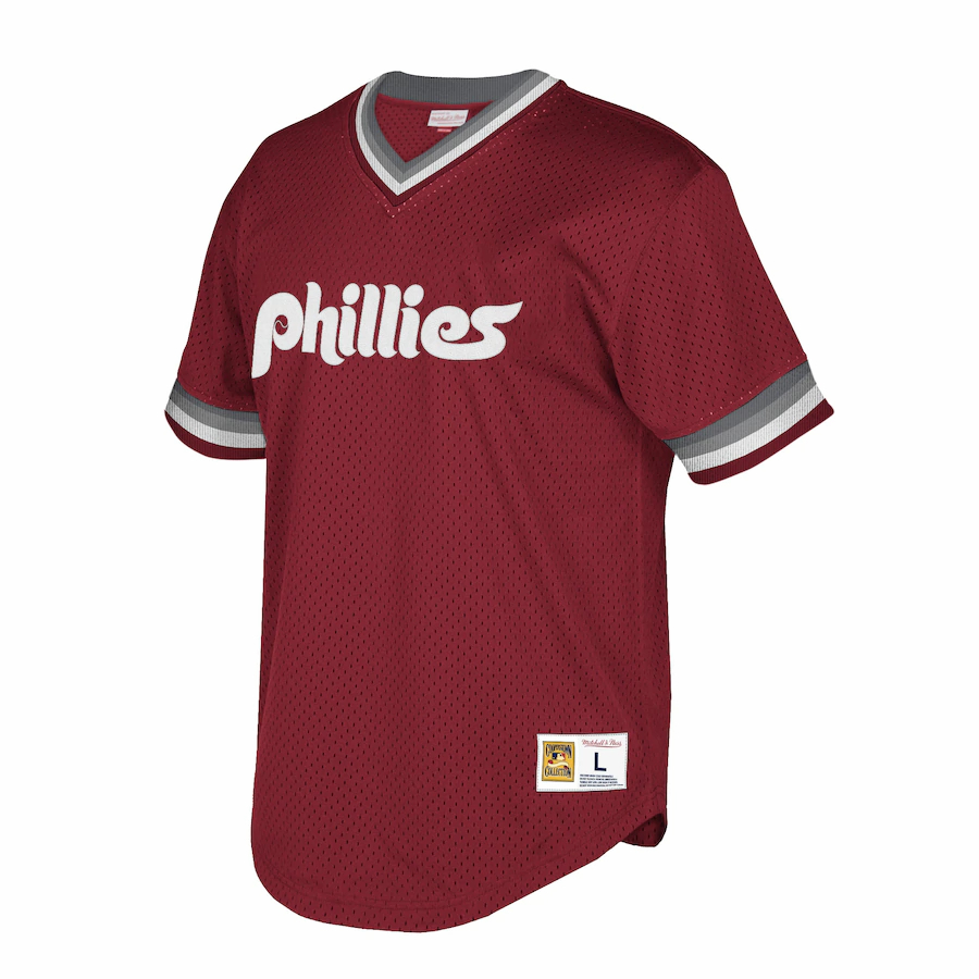 Alternative view of Philadelphia Phillies Mitchell And Ness Big And Tall Cooperstown Collection Mesh Wordmark V-neck Jersey - Maroon